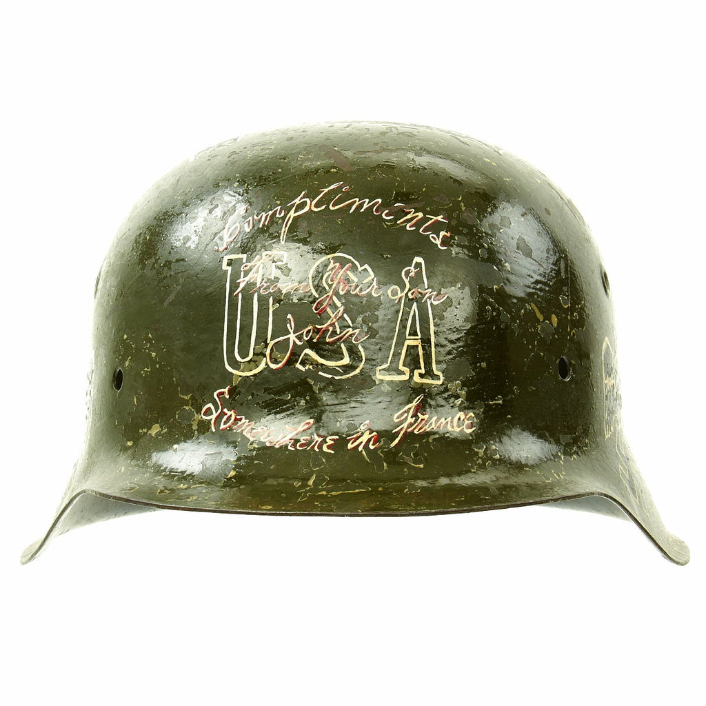 Original German WWII USGI Bring Back Trench Art Trophy M42 Helmet dated August 23 1944 Original Items