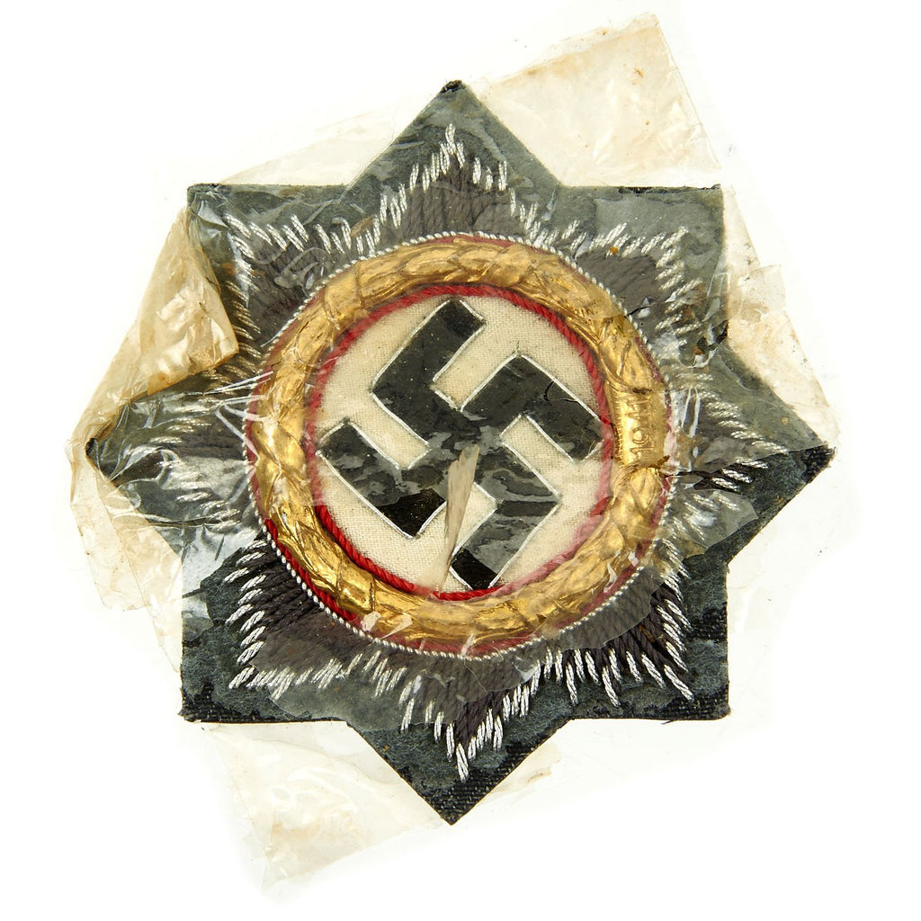 Original German WWII Luftwaffe Gold 1941 German Cross Award Embroidered Cloth Badge in Cellophane Original Items