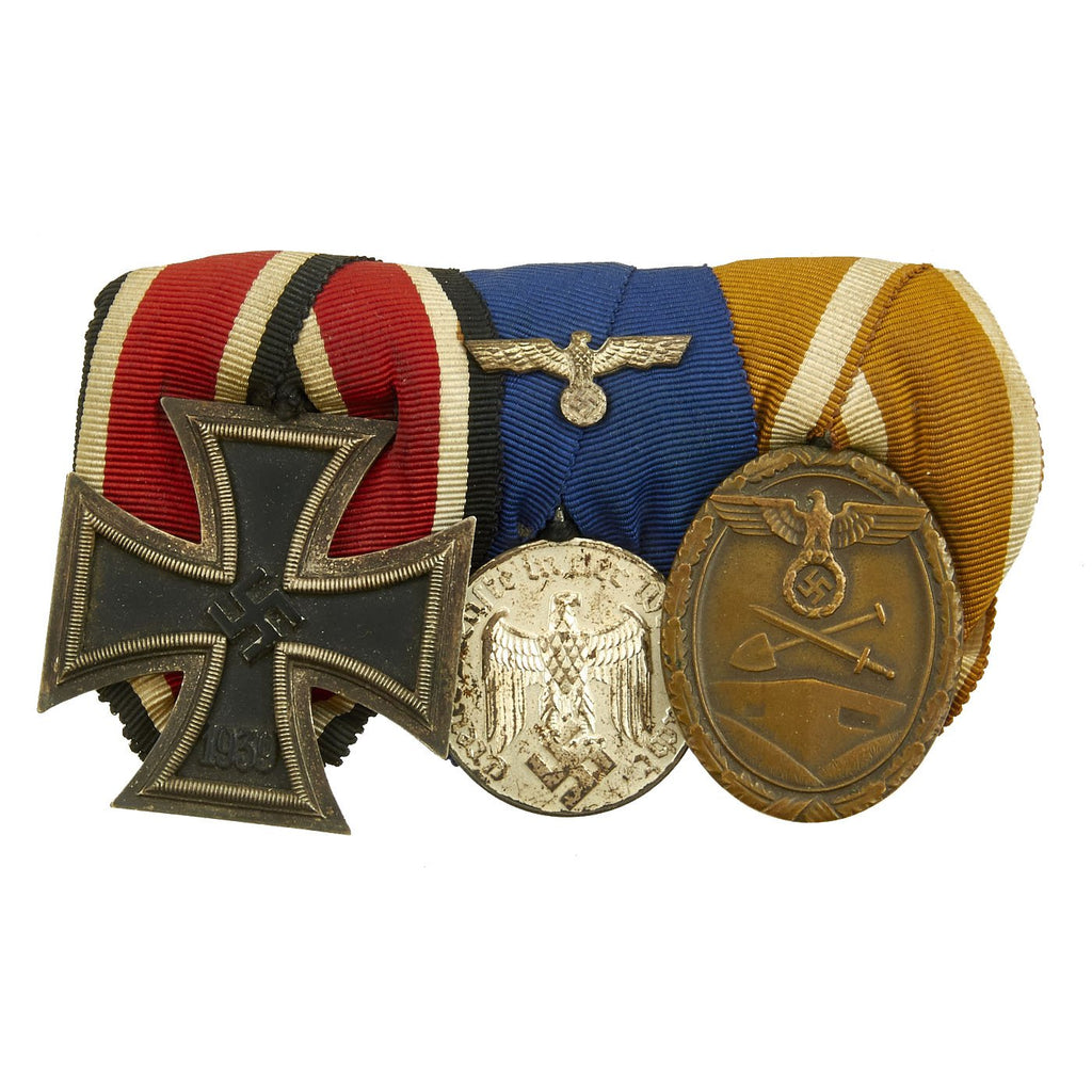 Original WWII German Medal Bar with Iron Cross 2nd Class, Wehrmacht 4 Year Service & West Wall Medals Original Items