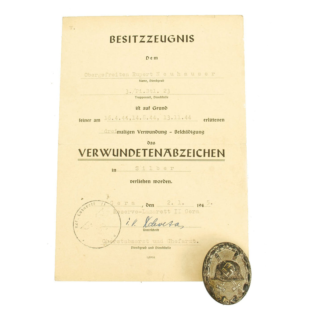 Original German WWII Silver Wound Badge by Carl Wild of Hamburg with Award Document Original Items