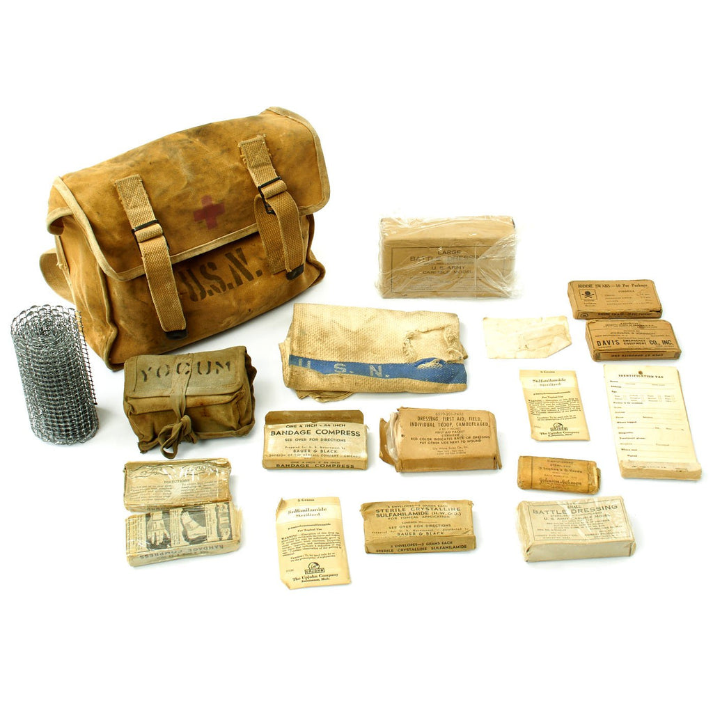 Original U.S. WWII U. S. Navy First Aid Medical Corpsman Medical Kit with Supplies and Shoulder Bag Original Items