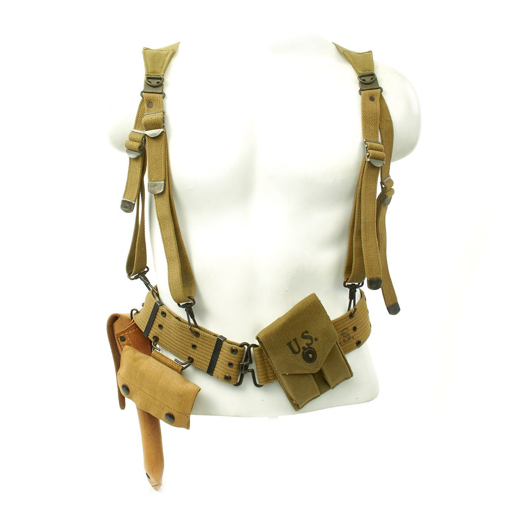 Original U.S. WWII Unissued Officer M1936 Pistol Belt & Suspender Set with Holster, Magazine Pouch and Carlisle First Aid Packet Original Items