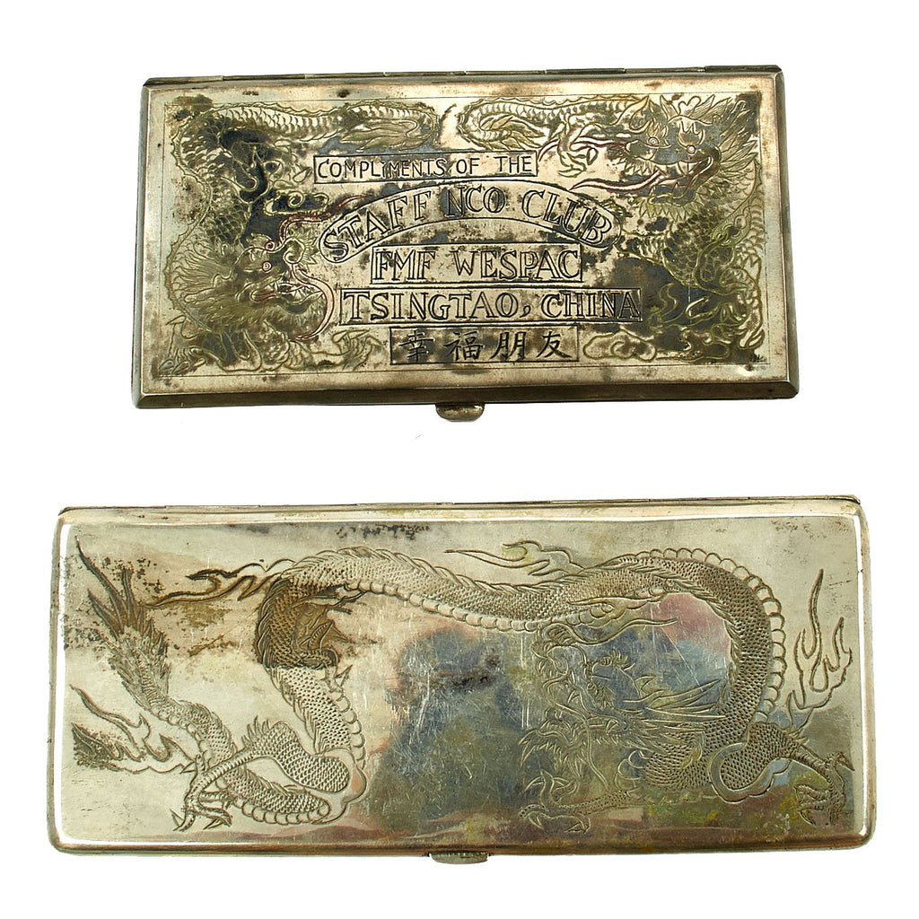 Original U.S. WWII China Marine Silver Cigarette Case TSINGTAO, CHINA - Set of 2 Original Items