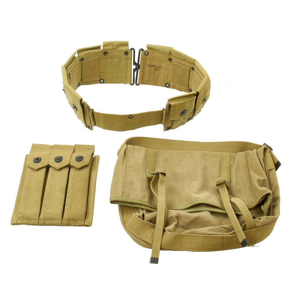 Original U.S. WWII USMC Field Gear Set: M1923 Garand Belt, M1941 Lower Bag & Thompson Mag Pouch Original Items