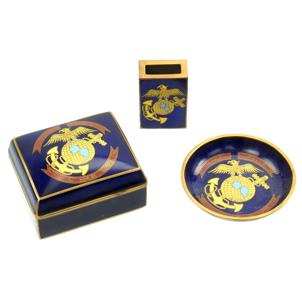 Original U.S. 1920s China Marine USMC Cloisonne Smoking Set - Match Safe, Cigarette Case and Ashtray Original Items
