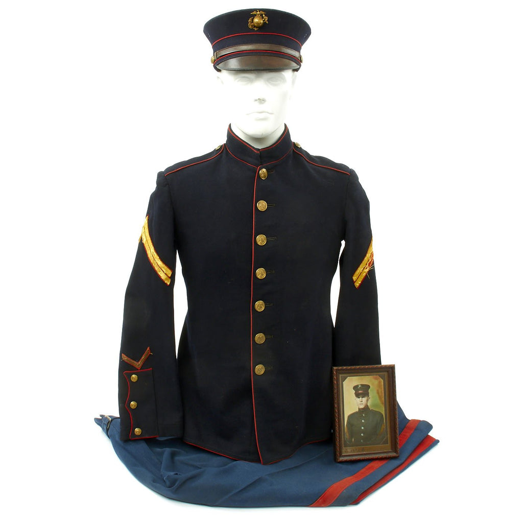 Original U.S. WWI USMC Dress Blues Corporal Uniform with Cap and Photo Original Items