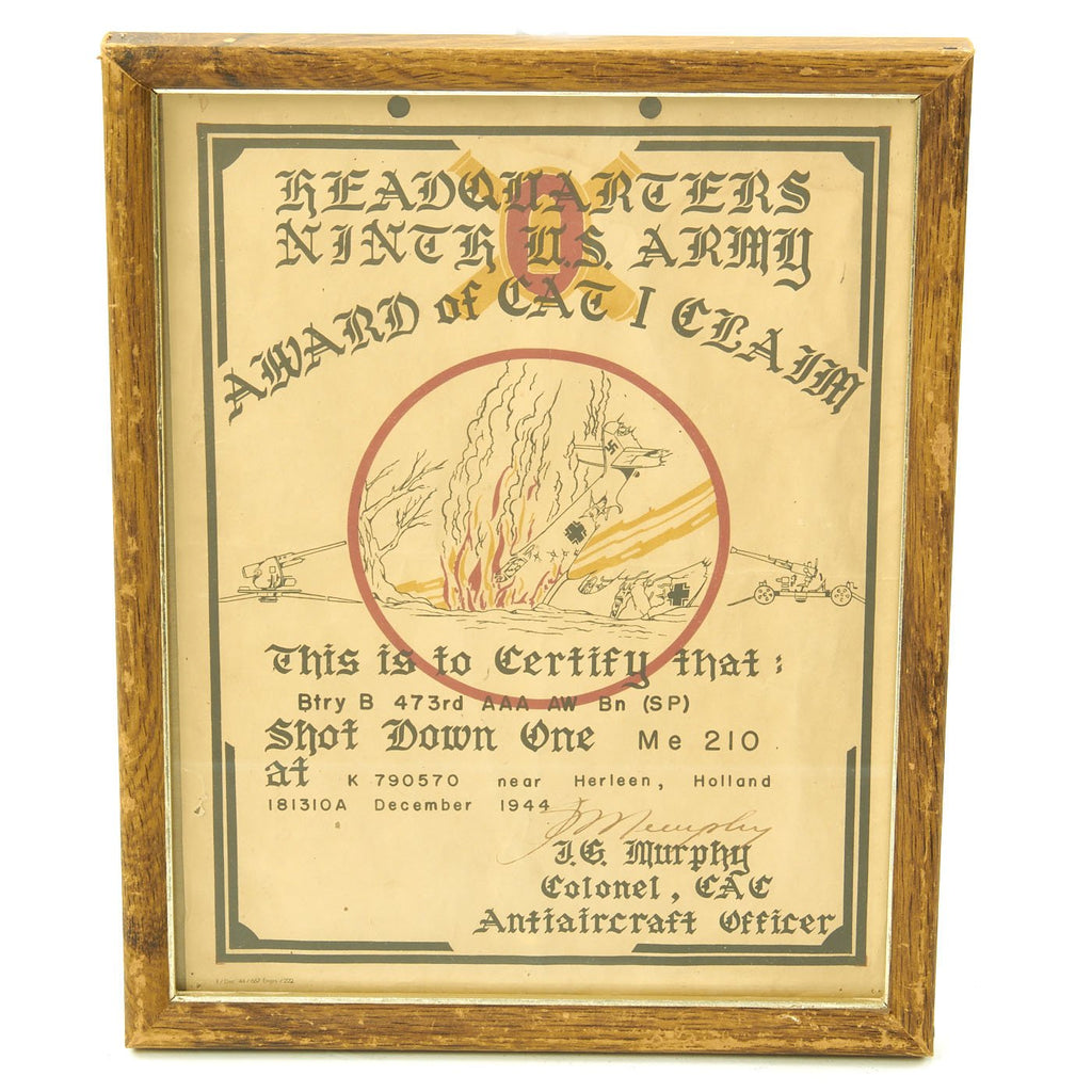 Original U.S. WWII Anti Aircraft Shot Down Award Certificate - 473rd AAA AW Battalion (SP) Original Items