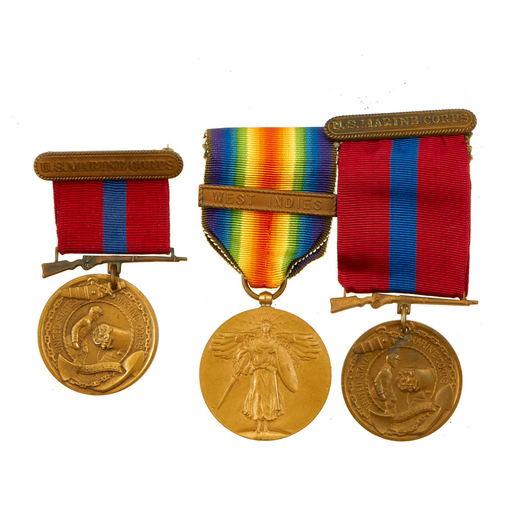 Original U.S. WWI US Marine Corps West Indies Medal Lot Featuring Rim Numbered Good Conduct Medal - 3 Items Original Items