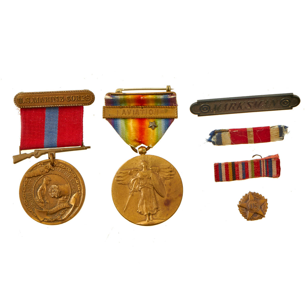 Original U.S. WWI US Marine Corps Rim Numbered Good Conduct Medal and Victory Medal With Aviation Clasp and Commendation Star Grouping - 6 Items Original Items
