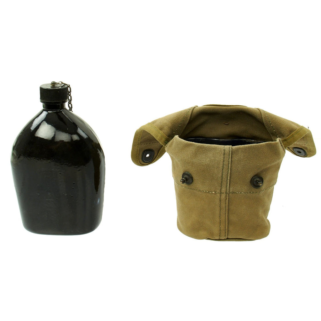 Original U.S. WWII Rare USMC M1942 Black Porcelain Enamel Canteen and Cup in Carrier - dated 1942 Original Items
