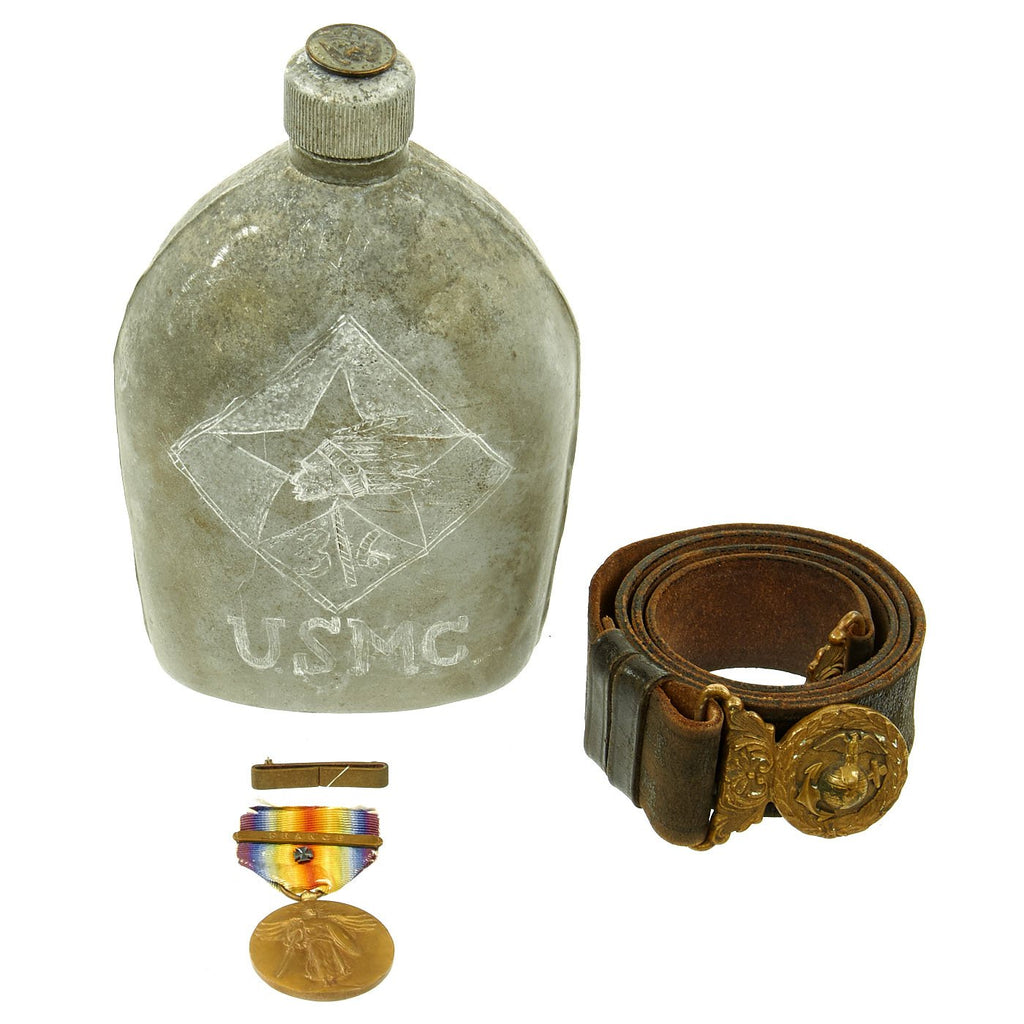 Original U.S. WWI USMC 3rd Battalion 6th Marines Engraved Trench Art Canteen Grouping Original Items