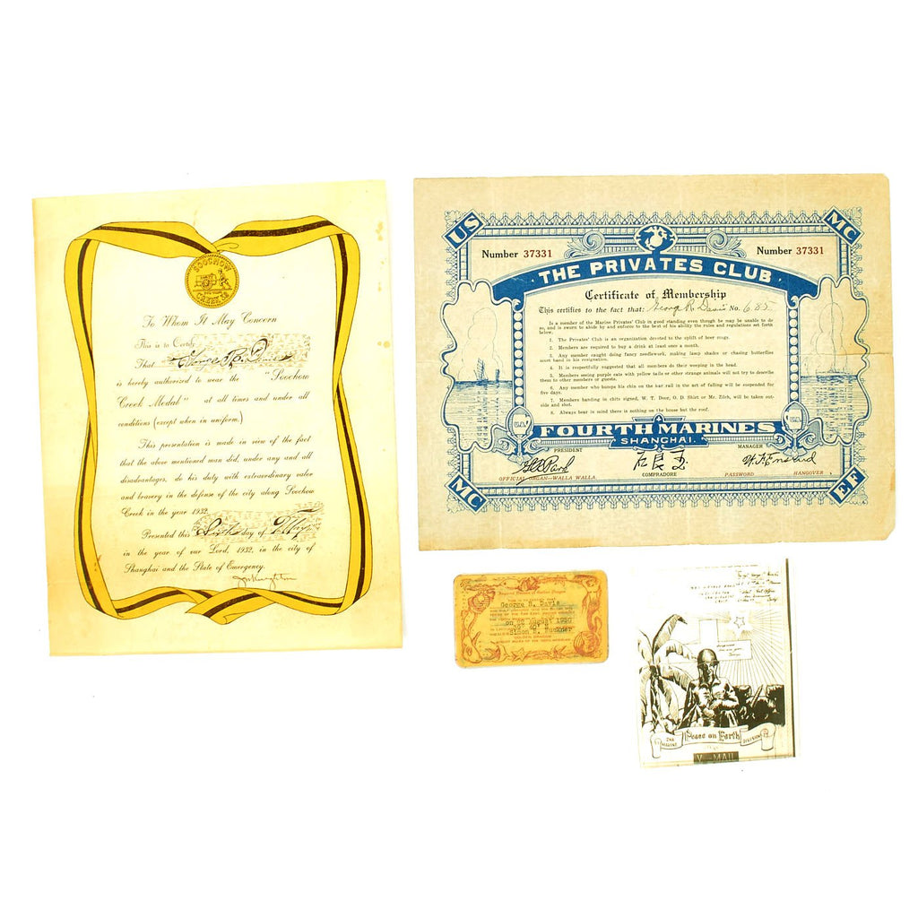 Original U.S. WWII 4th Marines and China Marine Named Battle of Soochow Medal Document Collection - George R. David Original Items