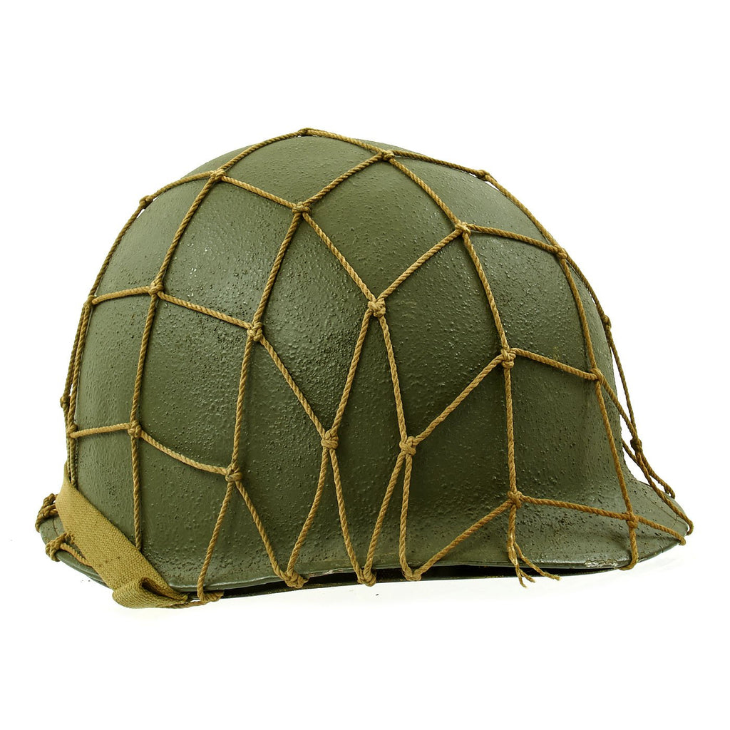 Original U.S. WWII M1 McCord Fixed Bale Front Seam Helmet with Net and MSA Liner Original Items