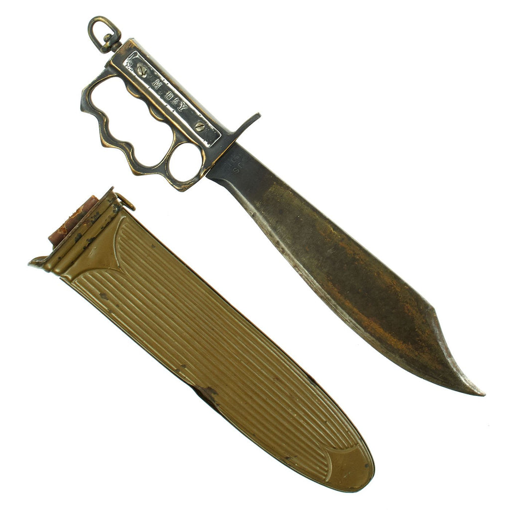 Original U.S. WWII Named USMC Custom Knuckle Duster Fighting Knife made from WWI 1917 Bolo Knife and Metal Scabbard Original Items