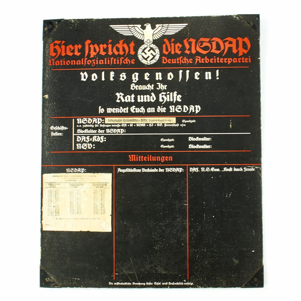 Original German WWII Sign der NSDAP Public Announcement Board - Emailleschild Original Items