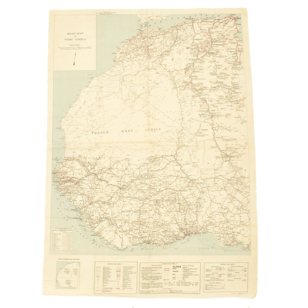 Original U.S. WWII 1942 Dated 25 1/2" x 36" Escape Road Map of West Africa - Operation Torch Original Items