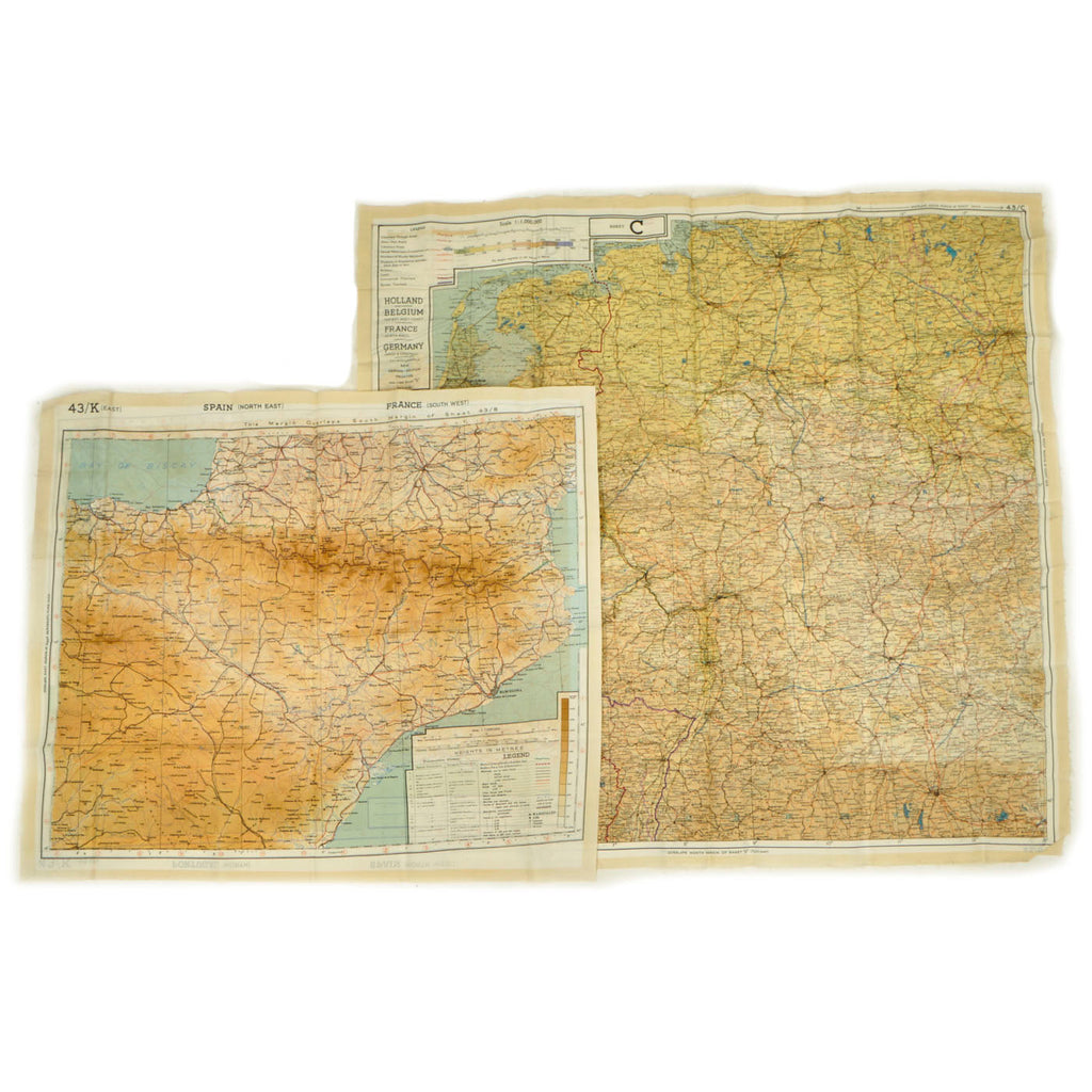 Original WWII Escape and Evasion “Silk” Maps For Holland, Belgium, France, Germany and Switzerland Borders - Spain and Portugal Borders - 2 Maps Original Items