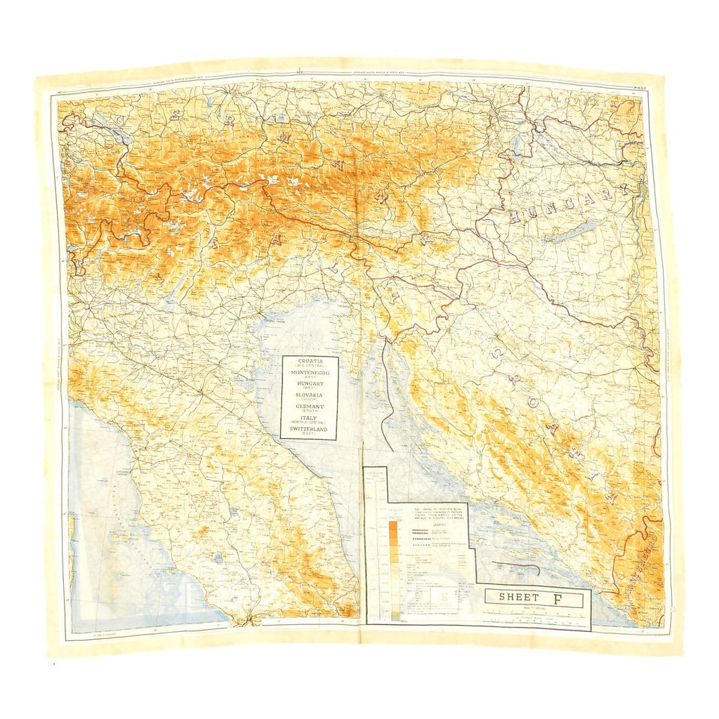 Original U.S. WWII 1943 Color Silk Double Side Escape Map 43/E & 43/F - Central Europe & Balkans Original Items