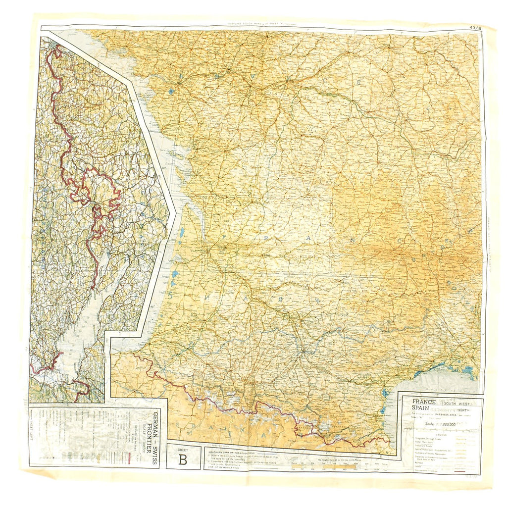 Original U.S. WWII 1943 Color Silk Escape Map of Western Europe 43/A & 43/B - German & Swiss Border Original Items