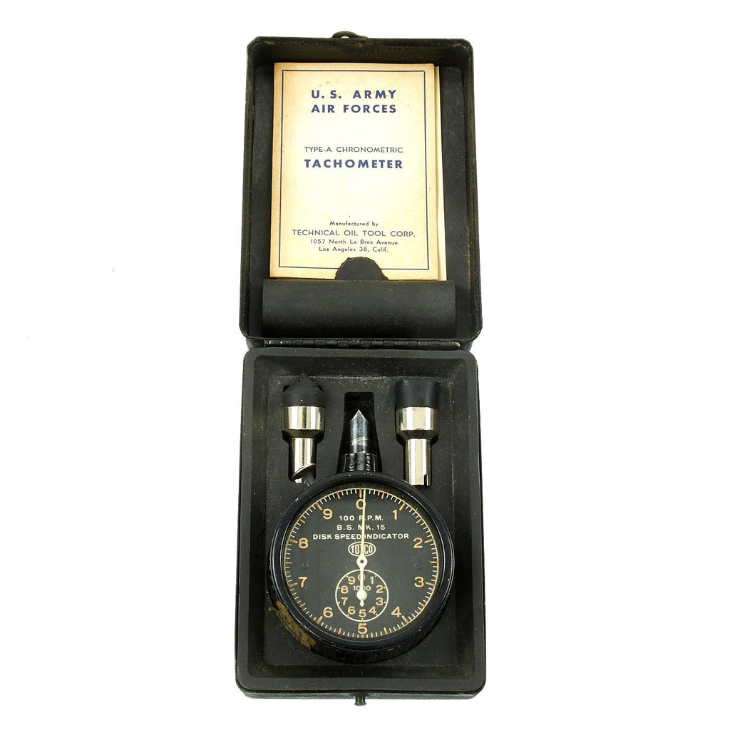 Original U.S. WWII USAAF Bombardier's Type-A Model 943 Chronometric Tachometer in Case with Manual Original Items