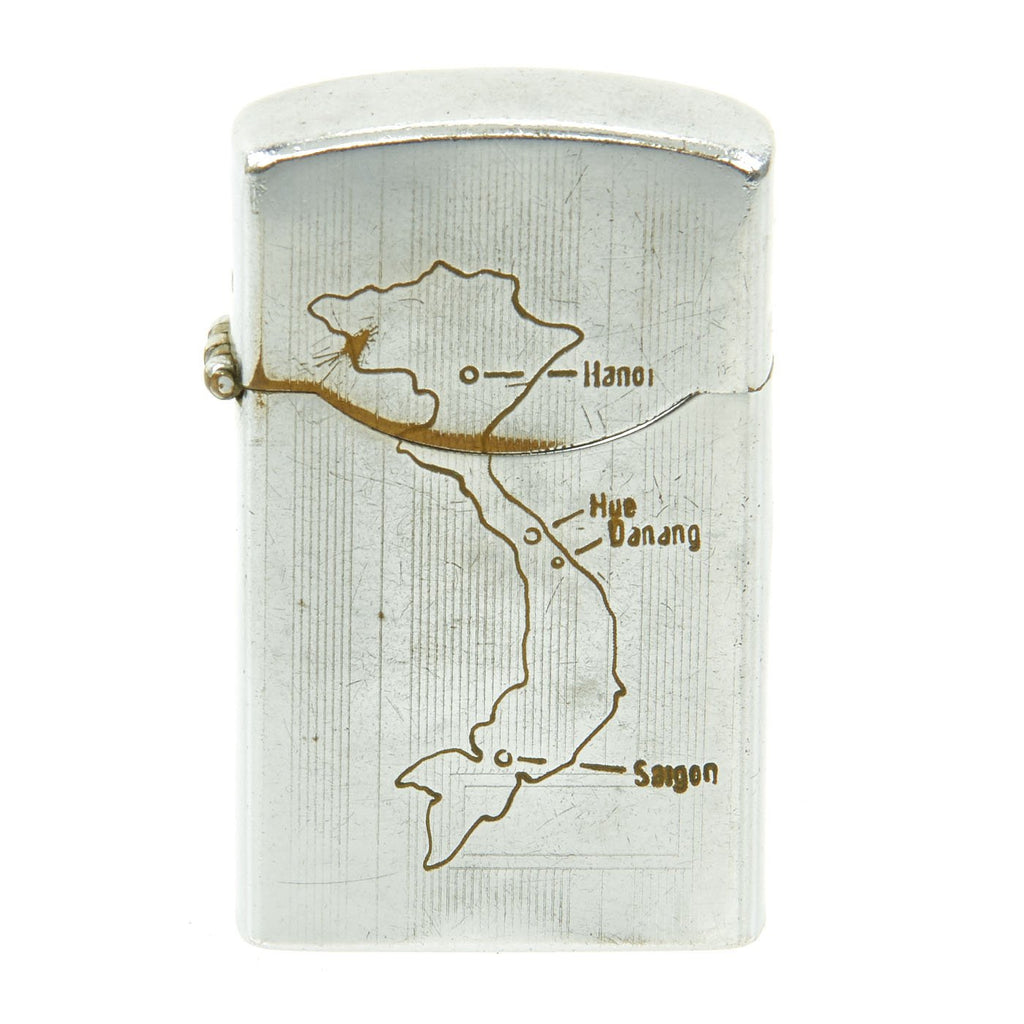 Original U.S. Vietnam War Zenith Lighter Engraved with Map of Vietnam and Inscription - Dated 1967 - 1968 Original Items