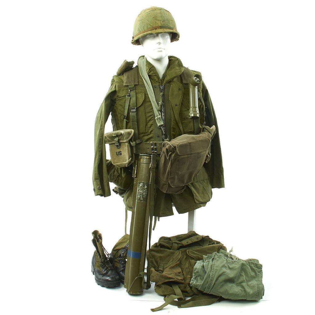 Original U.S. Vietnam War Infantryman Fatigue Uniform and M-56 Gear Set with M72 A2 LAW Light Anti-Tank Weapon Original Items
