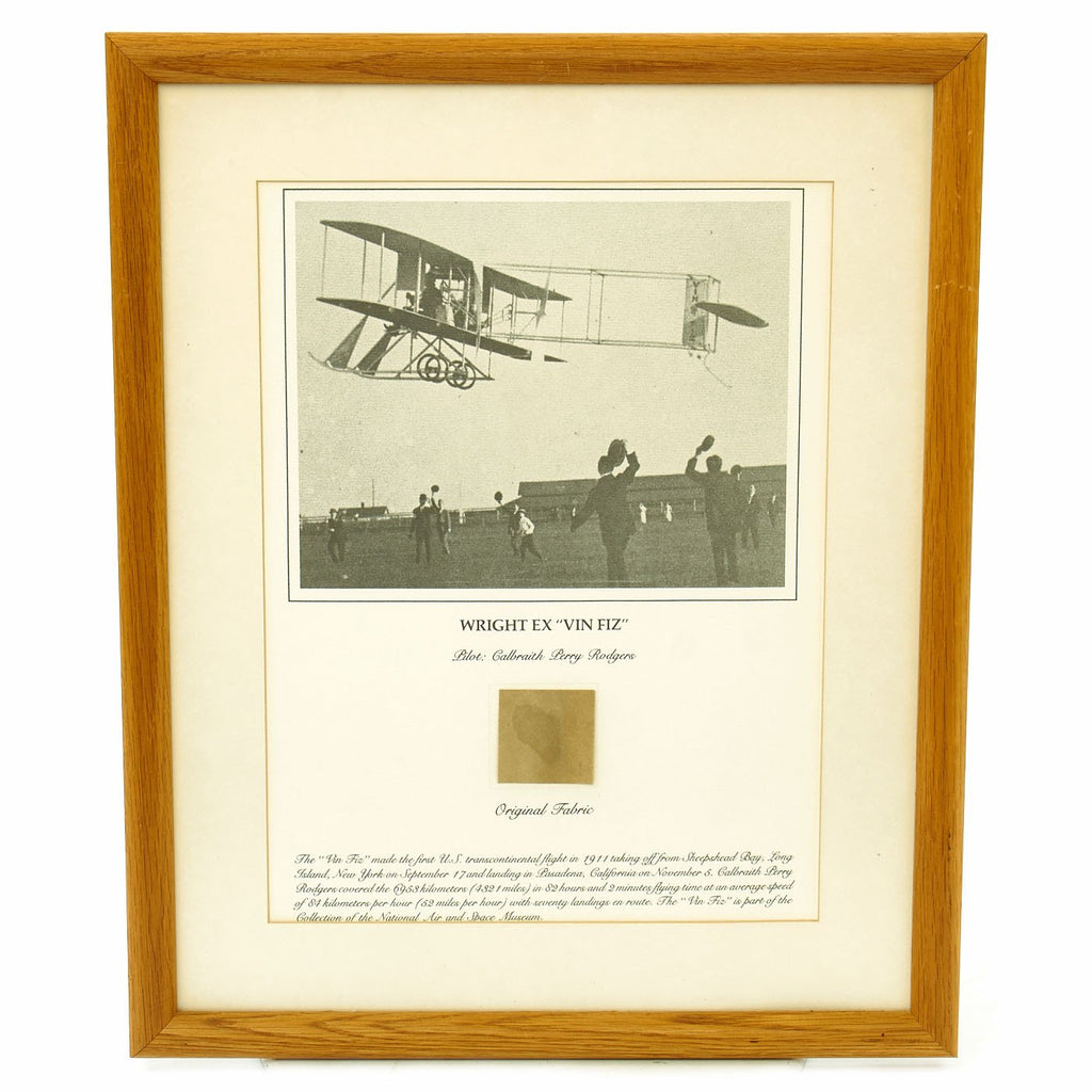 Original U.S. Framed Fabric Piece from the Vin Fiz Flyer - First Airplane to Fly Coast to Coast in 1911 Original Items