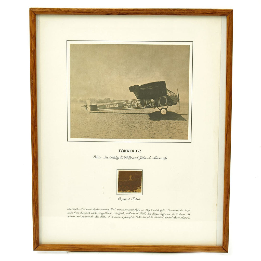 Original U.S. Framed Fabric Piece from the Fokker T-2 which made First Nonstop Coast to Coast Flight in 1923 Original Items