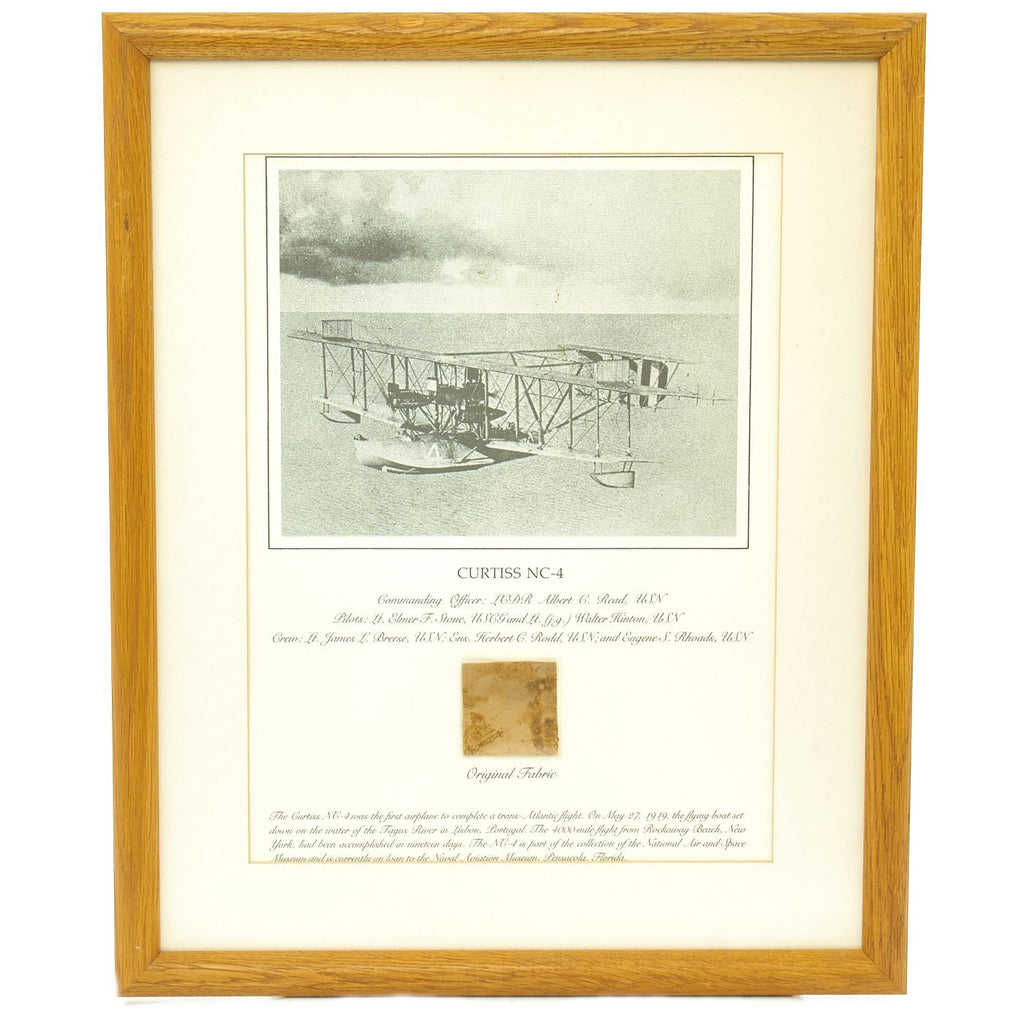 Original U.S. Framed Fabric Piece from the Curtiss NC-4 - First Trans-Atlantic Flight on May 27 1919 Original Items