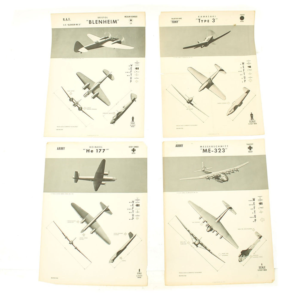 Original U.S. WWII Naval Aviation Training WEFTUP ID Posters - Set of Four - German, Japananse, British Aircraft Original Items