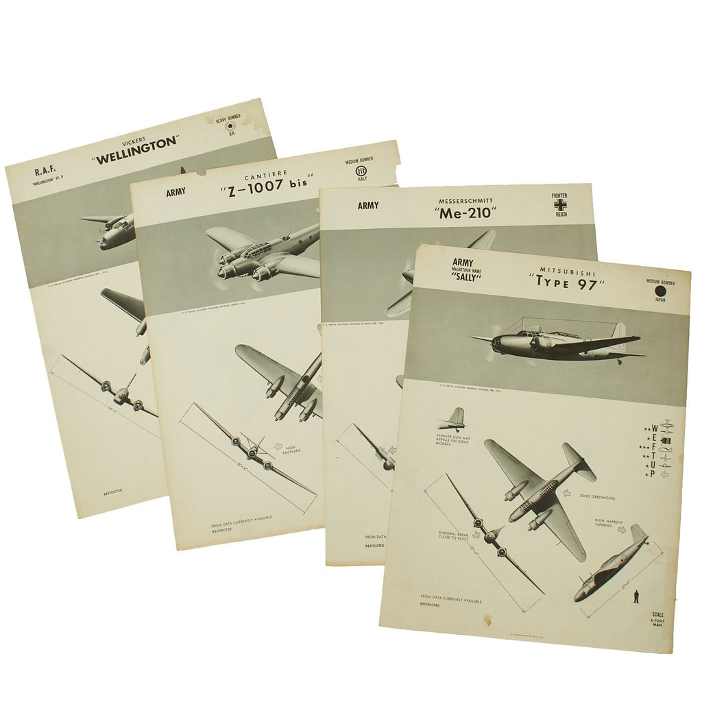 Original U.S. WWII Naval Aviation Training WEFTUP ID Posters - Set of Four - UK, Germany, Japan, Italy Aircraft Original Items