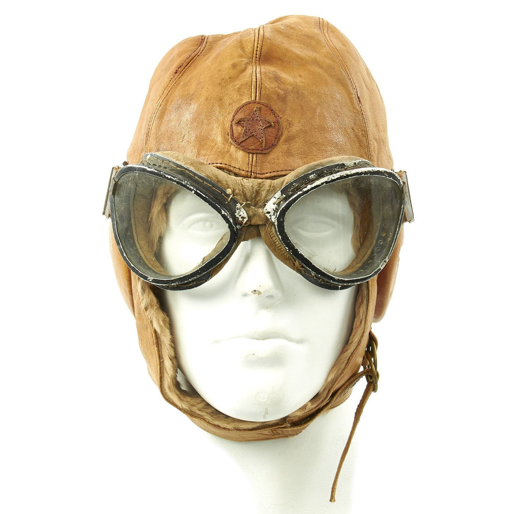 Original Japanese WWII Tan Leather Winter Flying Helmet with Pilot Goggles Original Items
