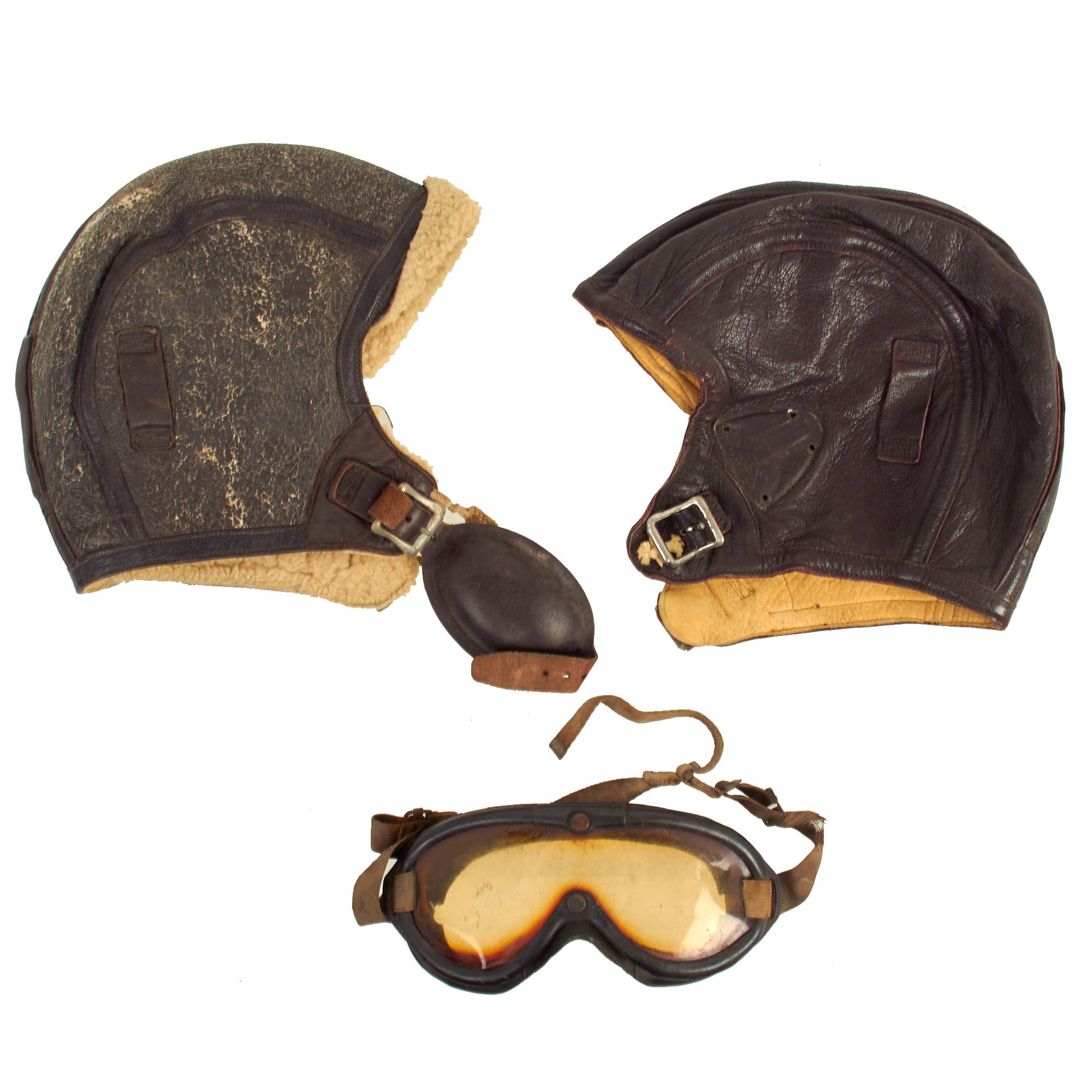 Original WWII Navy Flight Helmet Goggle Set Leather NAF 1092 NAF 1092W Helmets