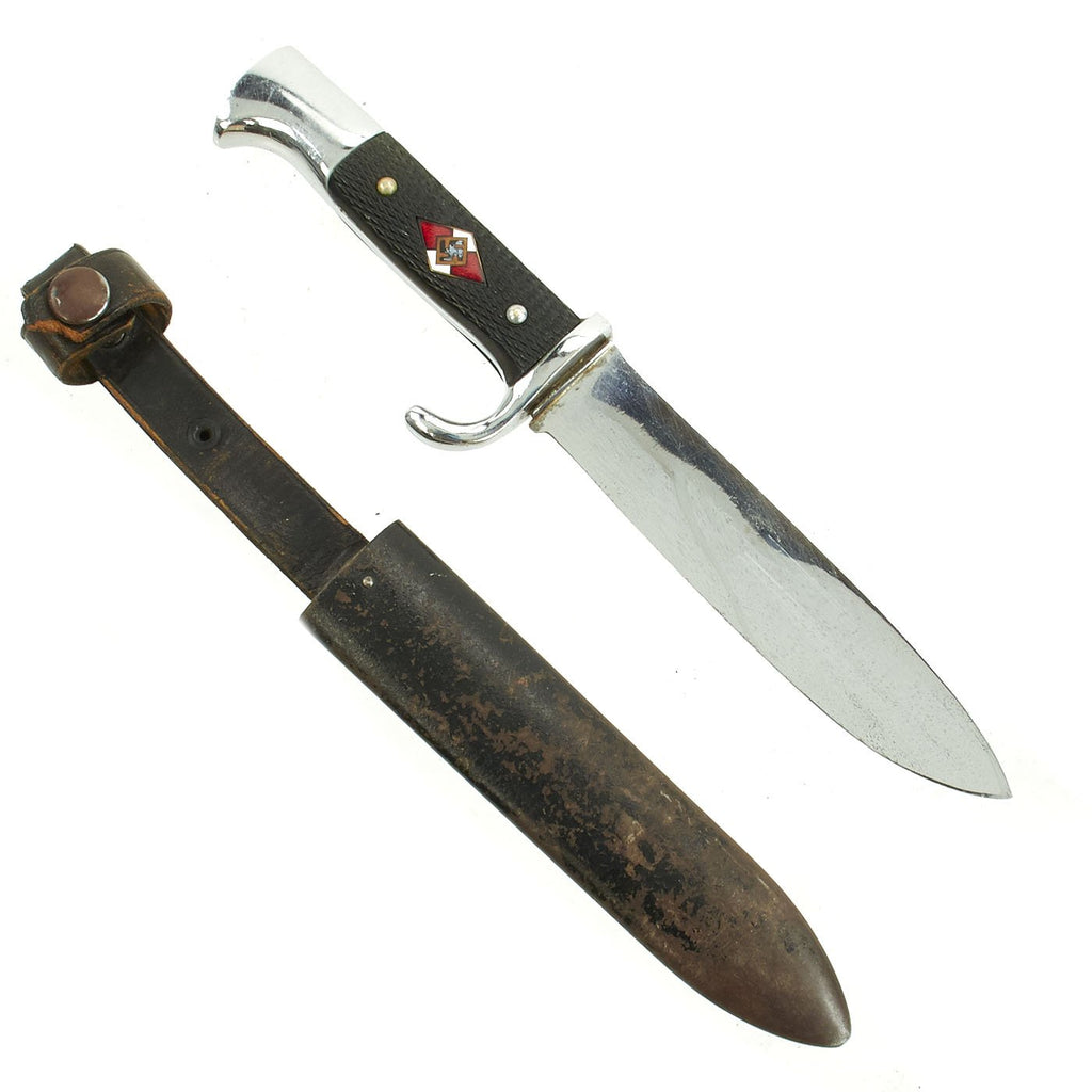 Original German WWII Early Nickel-Plated Hitler Youth Knife by Emil Voos with Scabbard Original Items