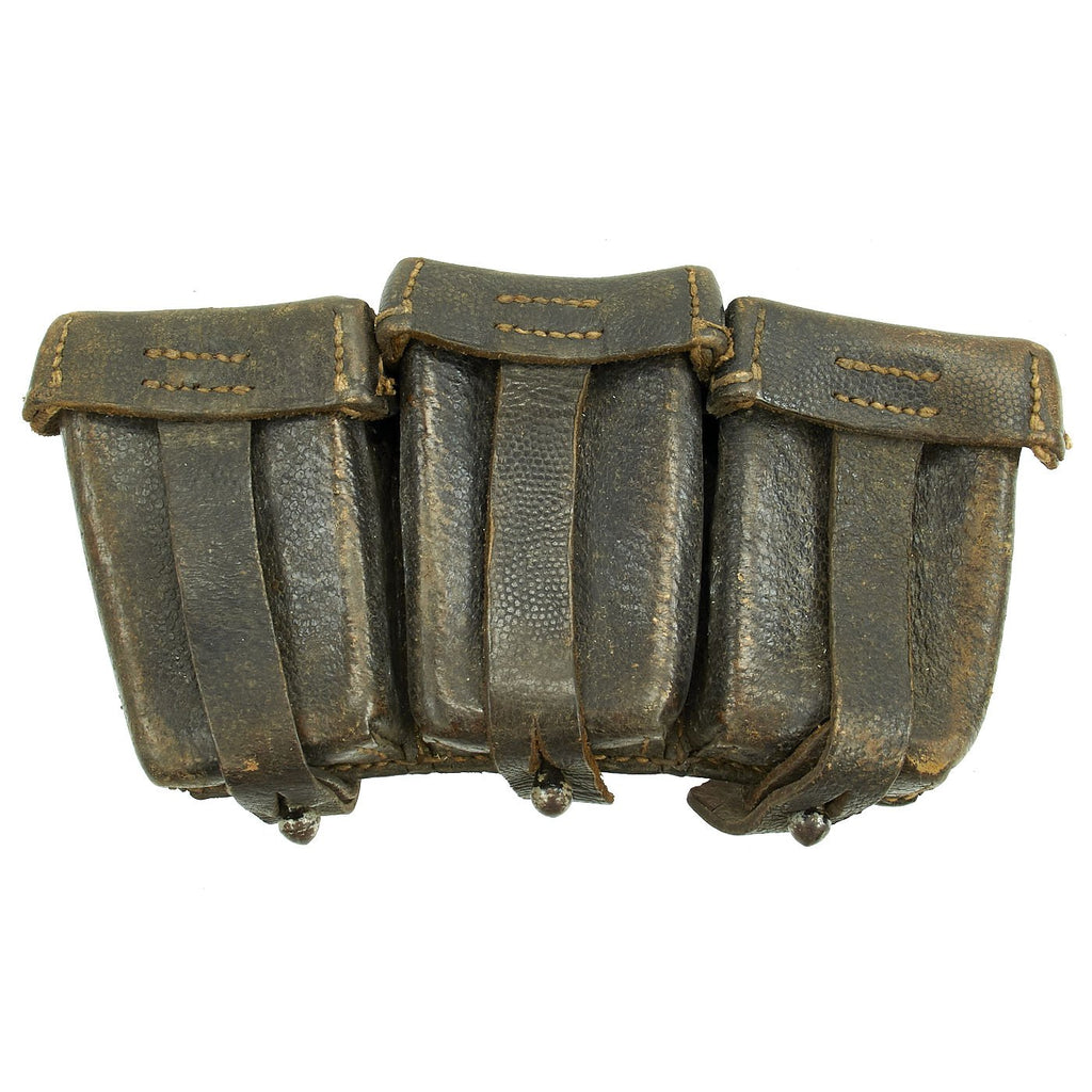 Original German WWII Naval Black Leather Mauser 98k Triple Pouch with Kriegsmarine Marking - dated 1942 Original Items