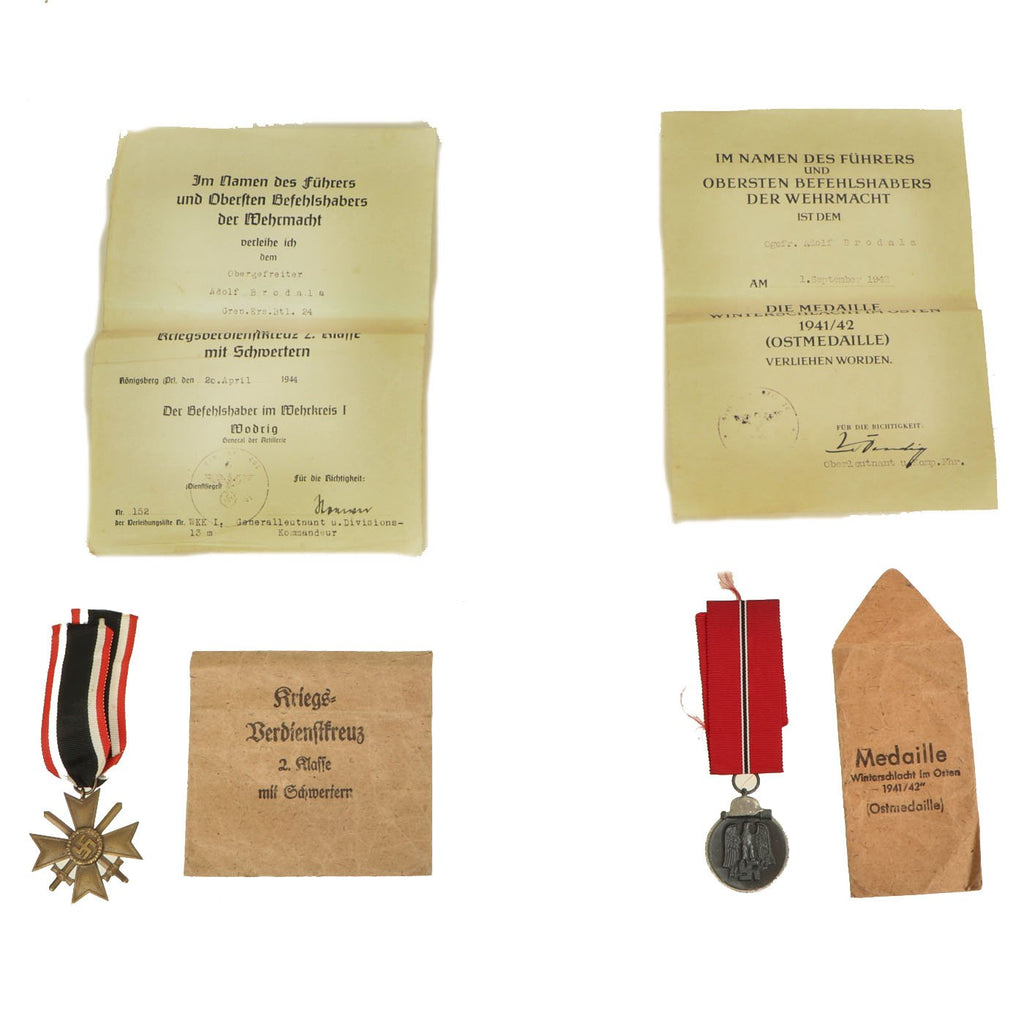 Original German WWII Eastern Front Medal Grouping with Documents named to Obergefreiter Adolf Brodala Original Items