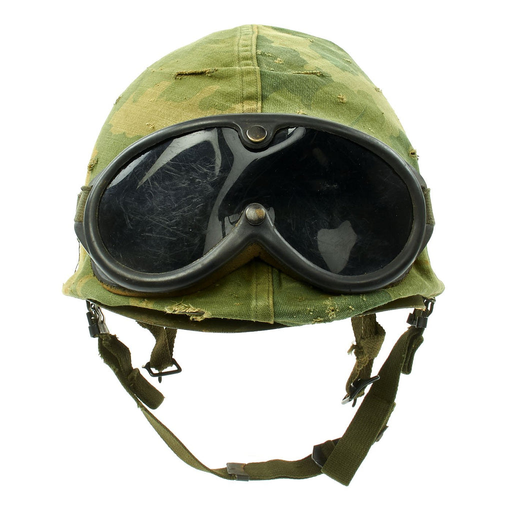 Original U.S. Vietnam War Army 1st Special Forces Airborne Paratrooper Helmet with Camouflage Cover and Goggles Original Items