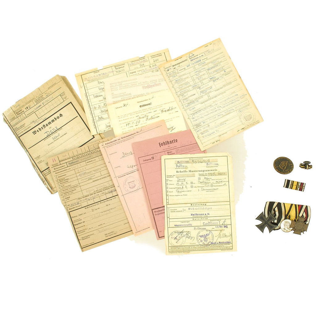 Original German WWI - WWII Medal Bar & Document Grouping with EKII and Kingdom of Württemberg Medal Original Items