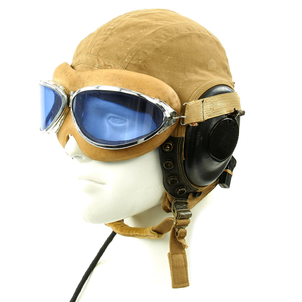 Original U.S. WWII Army Air Force Aviator Flight Helmet Set - H.B. Rocket Blue Goggles, A-10A Helmet, H-79/AIC Receivers Original Items