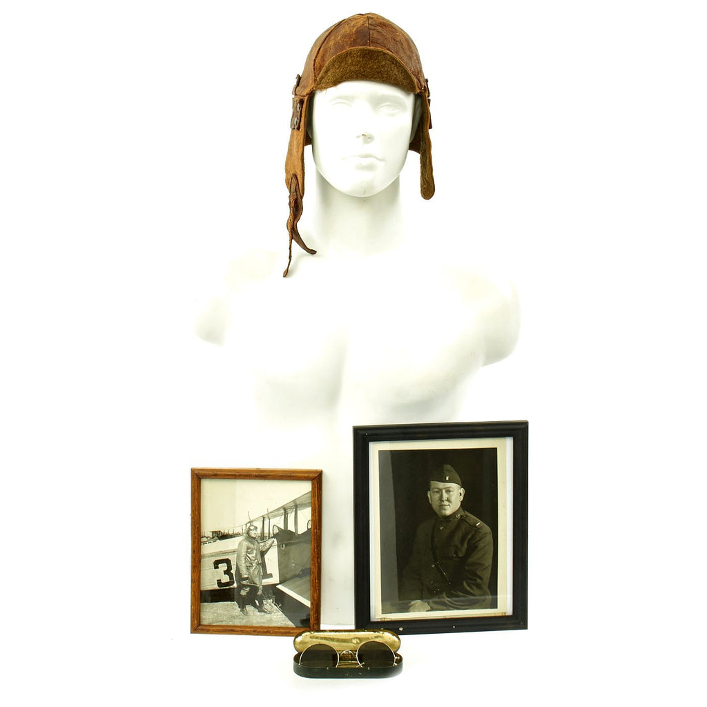 Original U.S. WWI 110th Aero Squadron Leather Flying Helmet with Wilson Goggles and Photos Original Items