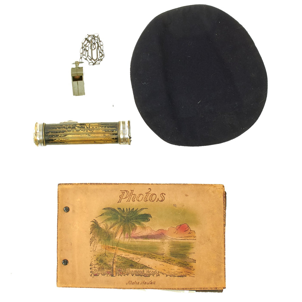 Original U.S. WWII Navy Photo Album, ID Card, Donald Duck Cap and Flashlight Original Items
