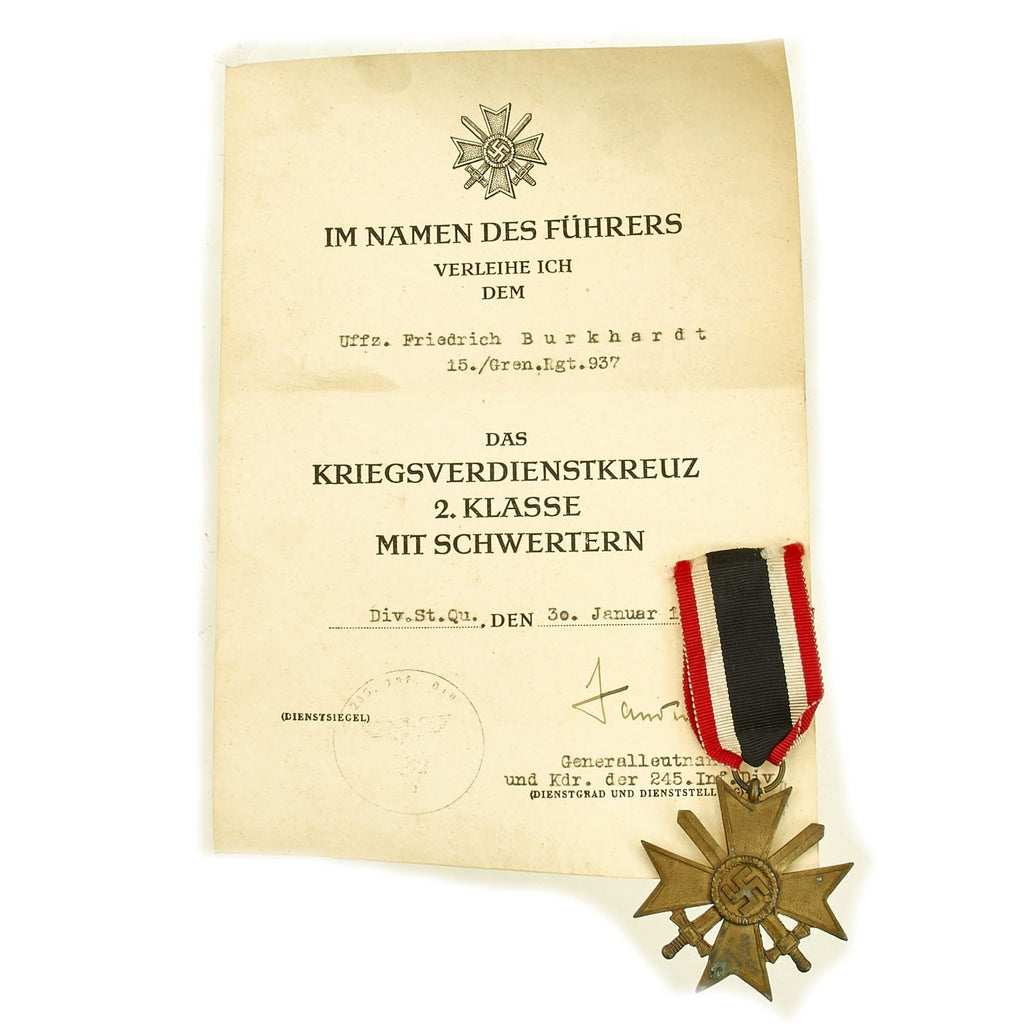 Original German WWII War Merit Cross 2nd Class with Swords and Named Award Document Original Items