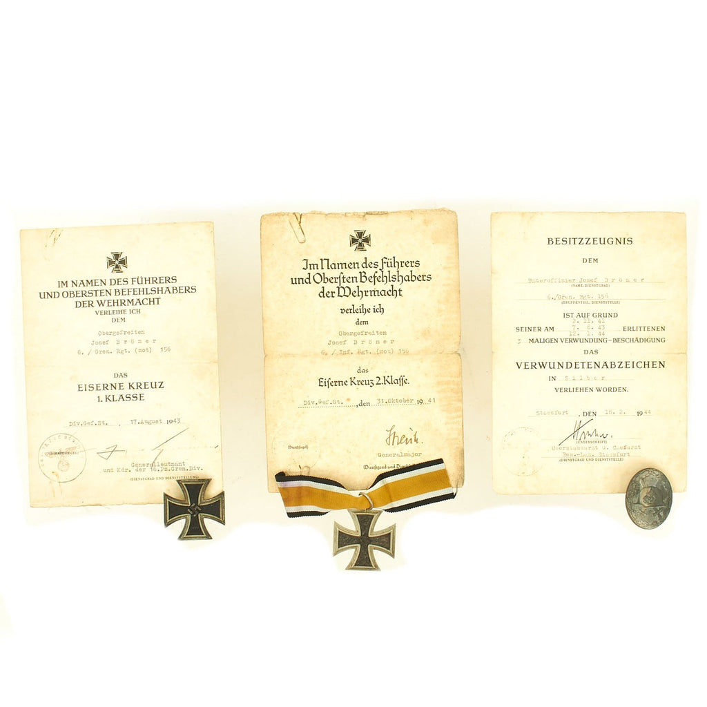 Original German WWII Set of 3 Awards with Named Documents - EKII, EKI & Silver Wound Badge Original Items