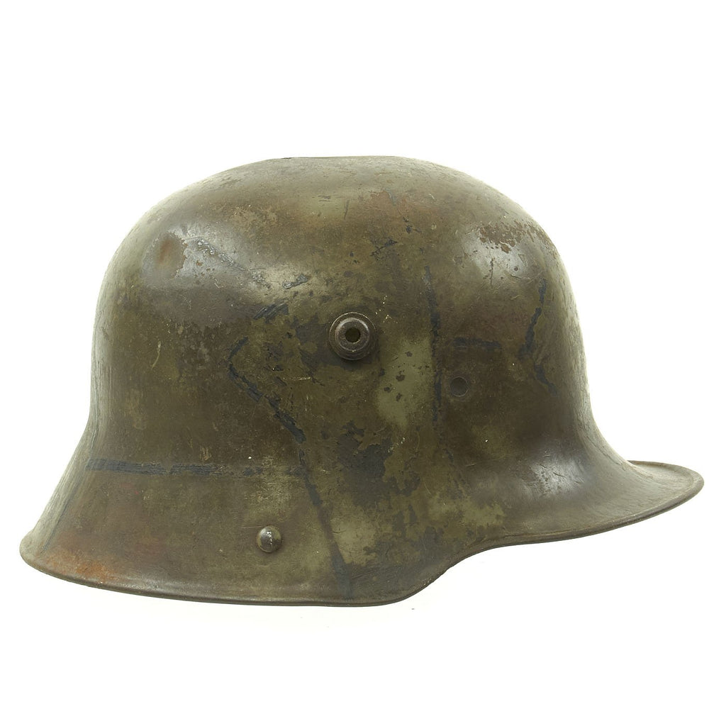 Original Imperial German WWI M16 Stahlhelm Helmet Shell with Camouflage Paint & Battle Damage - marked B.F 62. Original Items