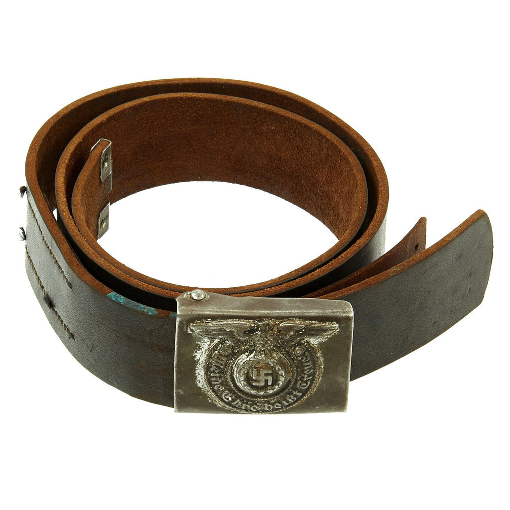 Original German WWII SS EM/NCO Leather Belt with Steel Buckle by Overhoff - Schutzstaffel Original Items