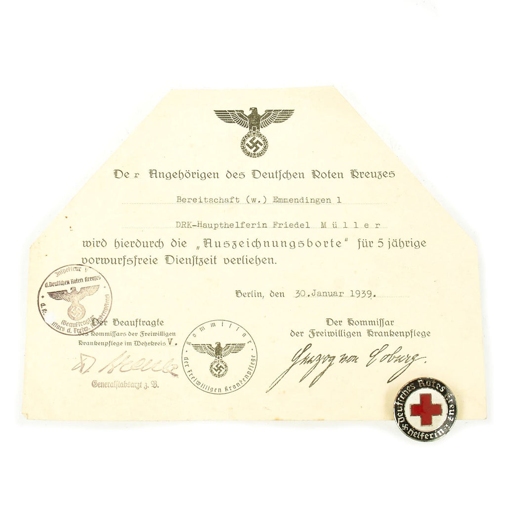 Original German WWII Red Cross DRK Helper Pin by Ernst L. Müller with Named Award Document Original Items