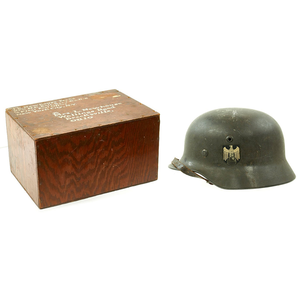 Original German WWII Army Heer M40 Single Decal Helmet in Named USN Seabee Bring-Back Box - Q64 Original Items