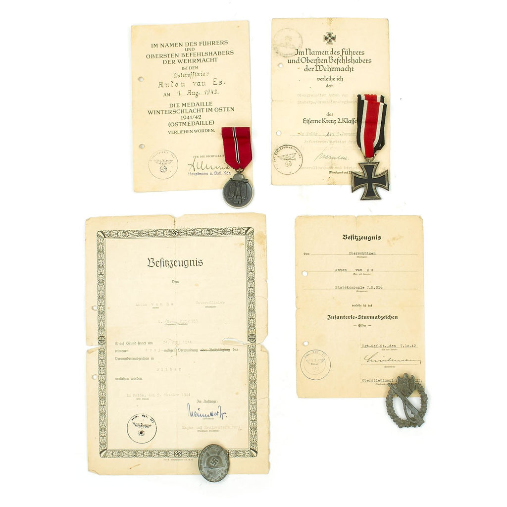 Original German WWII Set of 4 Awards with Documents named to Dutch Volunteer Anton van Es Original Items