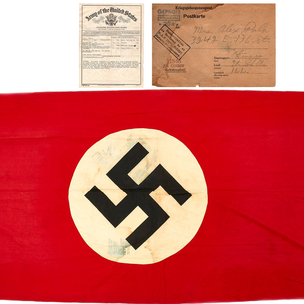 Original German WWII U.S. Named POW Stalag XIIA Captured National Flag Banner Signed with Documents Original Items