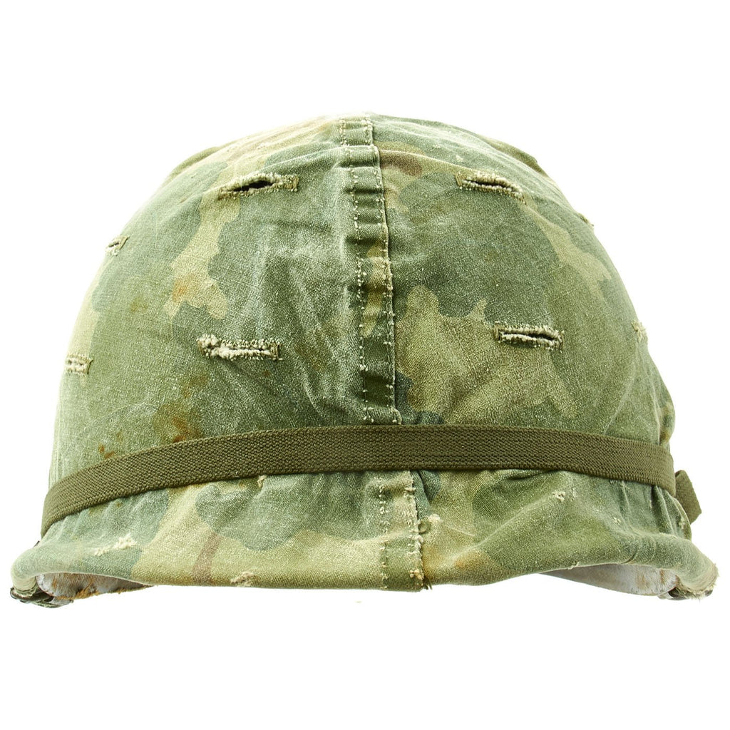 Original U.S. WWII Vietnam Reissue M1 McCord Front Seam Swivel Bale Helmet with USMC Camouflage Cover Original Items